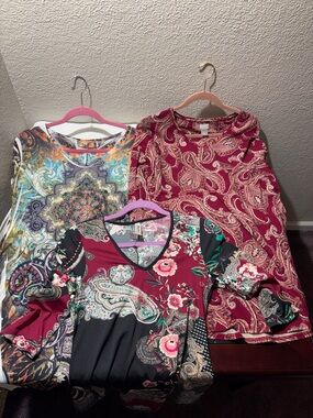 BUNDLE Chico's Burgundy Paisley & Floral V-Neck Long Sleeve Top